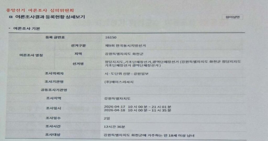 화천군수 선거 여론조사표(출처 네이버 밴드 화천이좋다)